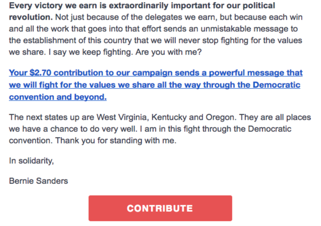 Email used by the Sanders Campaign after HaystaqDNA Fundraising Models