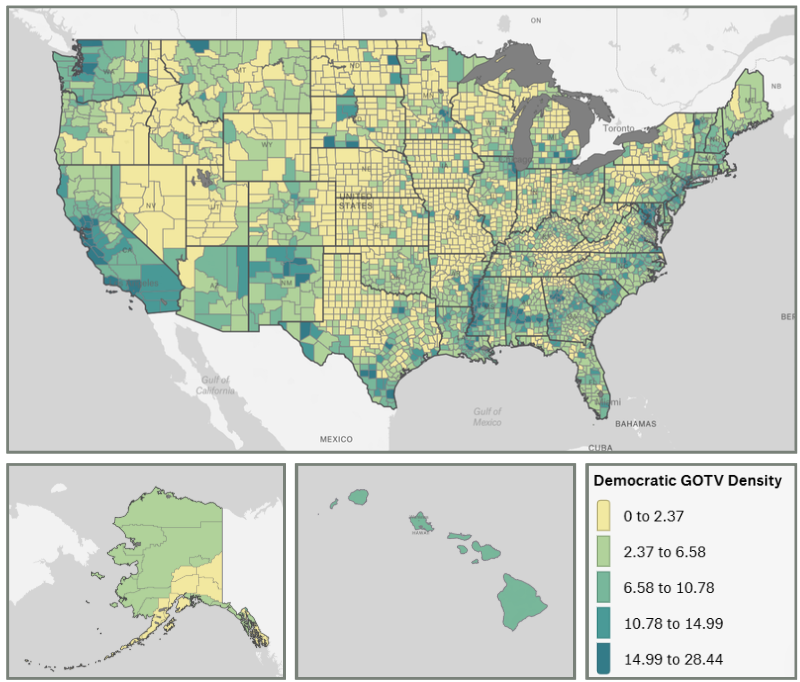 darker colors indicate a higher density of GOTV targets. a national map by county