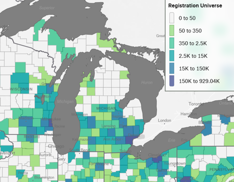 a national map by county, zoomed into the battleground state of Michigan (counties with fewer than 50 individuals are excluded)