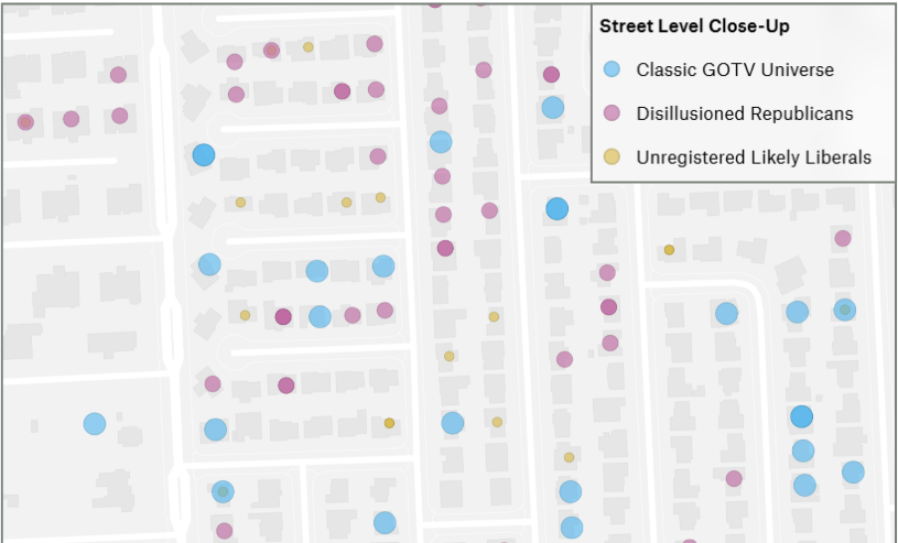 a block-level view of actual voters in the three universes we will highlight in this newsletter: GOTV (blue), Unregistered Likely Liberals (yellow), and Persuadable Republicans (pink). Street names have been removed for the privacy of the voters shown.